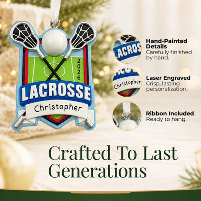 Hand-painted details and laser engraved personalization on the lacrosse christmas ornament, ribbon included