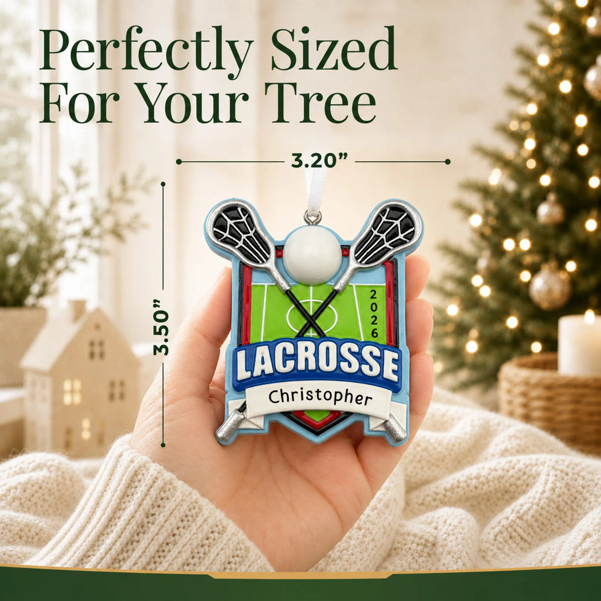 Size guide: the personalized lacrosse christmas ornament is 3.20 in wide by 3.50 in tall, shown in hand