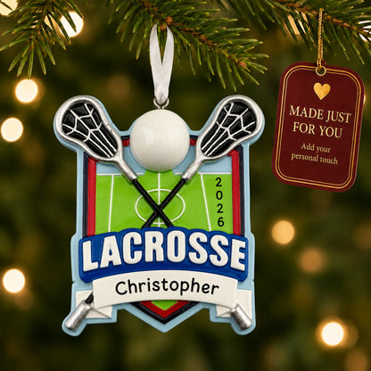 Lacrosse christmas ornament hanging on a lit Christmas tree with a Made Just For You gift tag