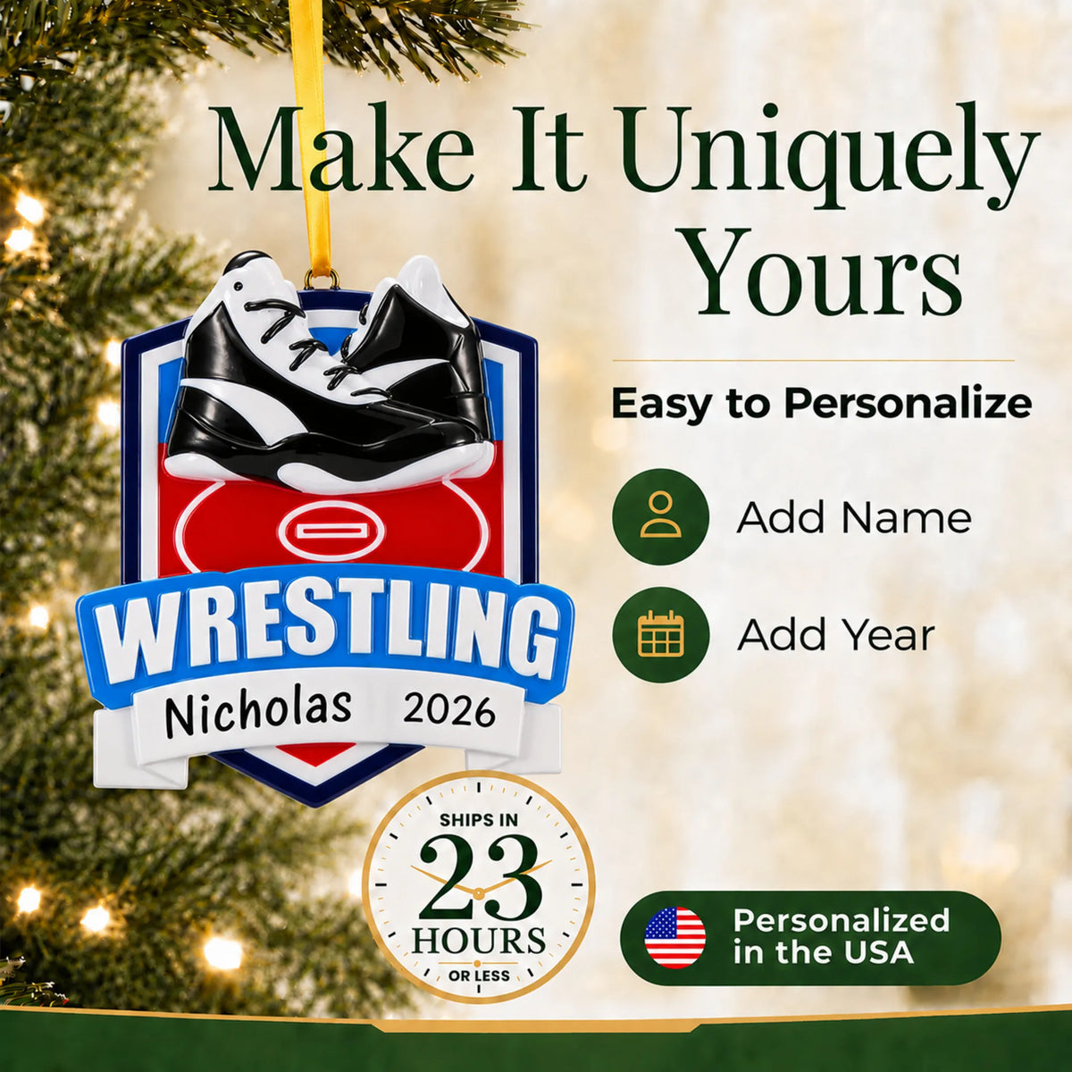 Make it yours: add name and year to the personalized wrestling collage christmas ornament