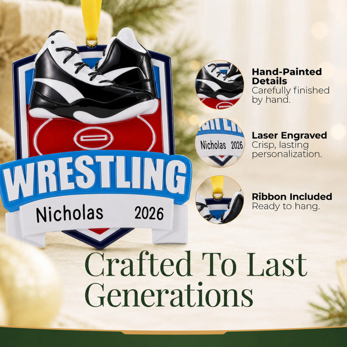 Hand-painted details and laser engraved personalization on the wrestling collage christmas ornament, ribbon included
