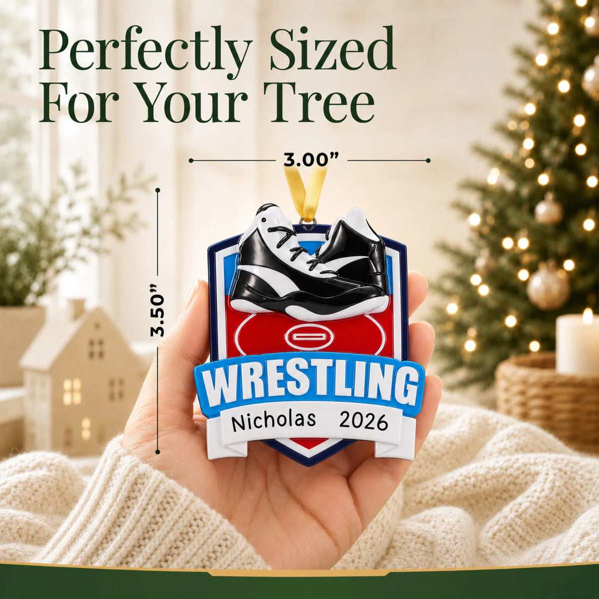 Size guide: the personalized wrestling collage christmas ornament is 3.00 in wide by 3.50 in tall, shown in hand