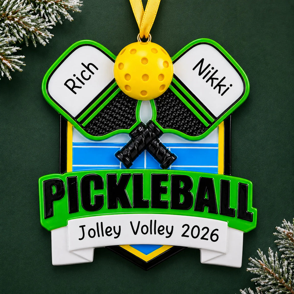 Personalized pickleball christmas ornament on a dark green pine background