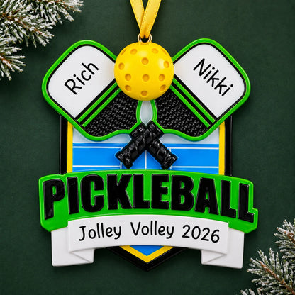 Personalized pickleball christmas ornament on a dark green pine background