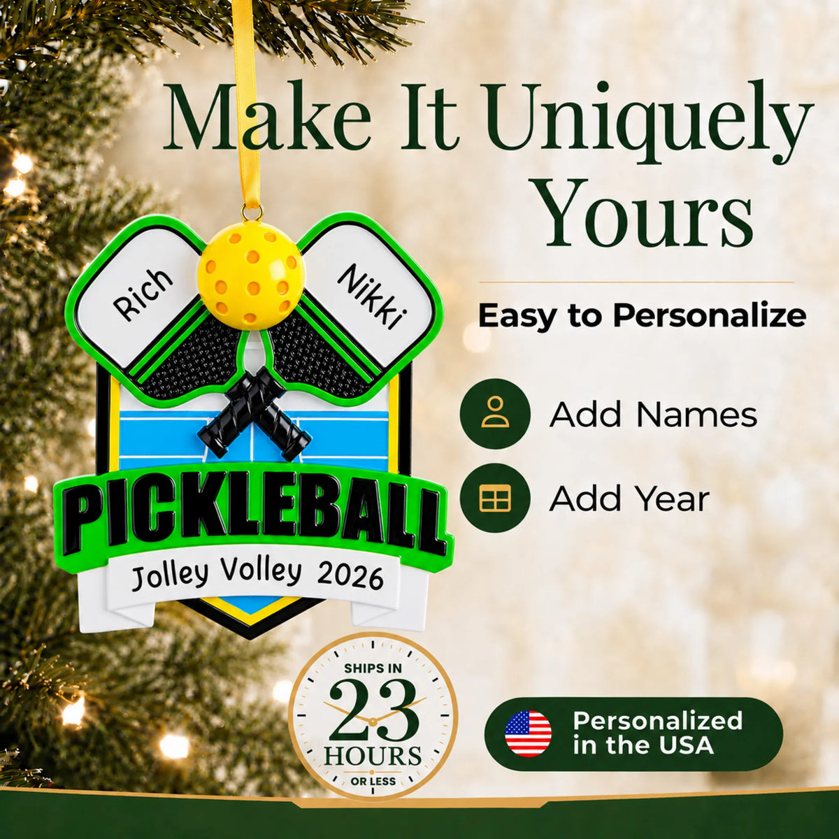Make it yours: add names and year to the personalized pickleball christmas ornament