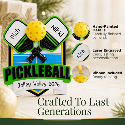 Hand-painted details and laser engraved personalization on the pickleball christmas ornament, ribbon included