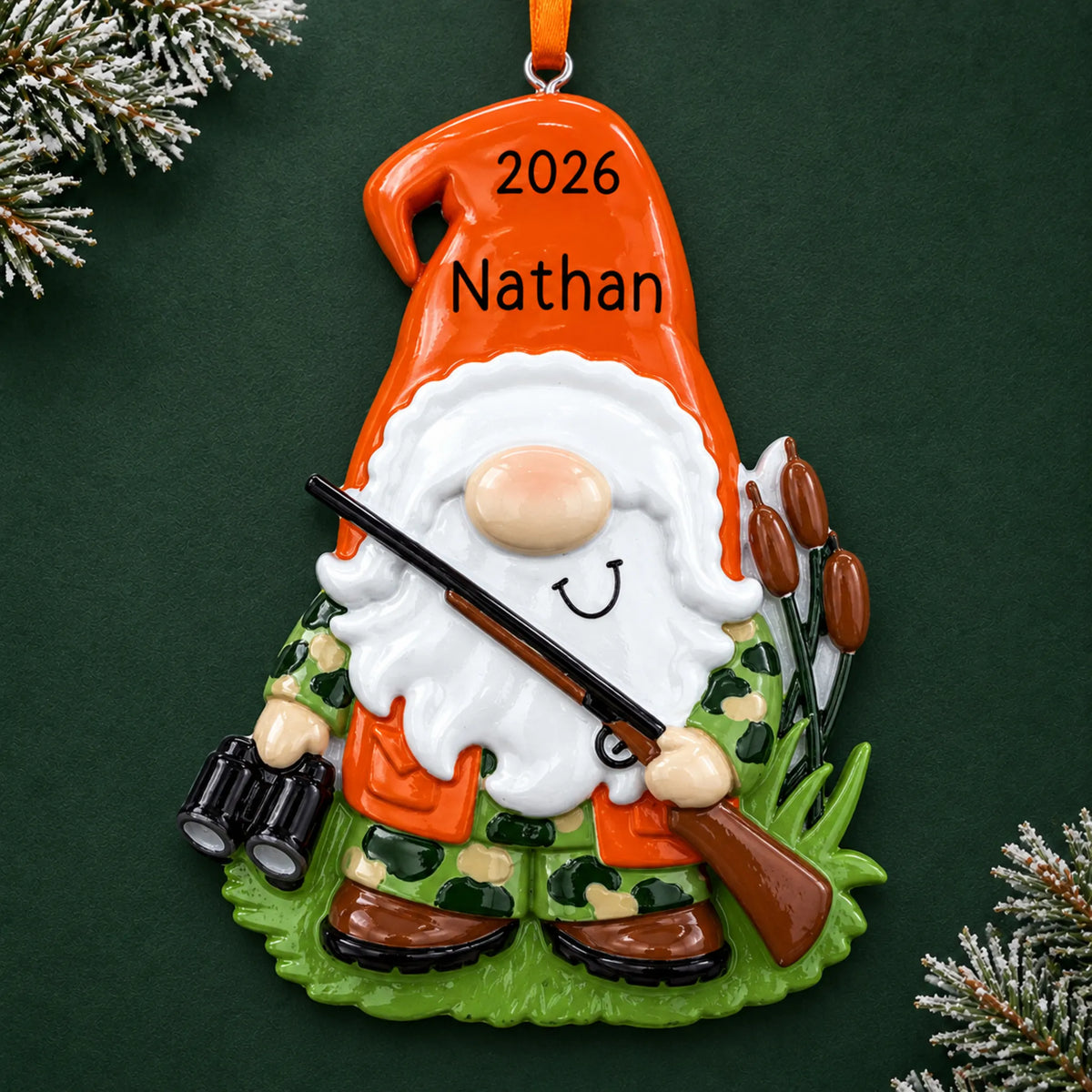 Personalized hunting gnome christmas ornament on a dark green pine background
