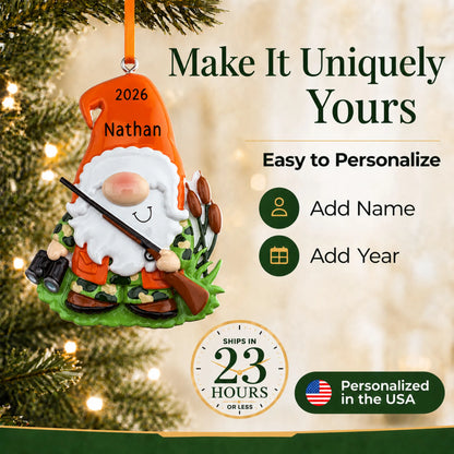 Make it yours: personalize the hunting gnome christmas ornament