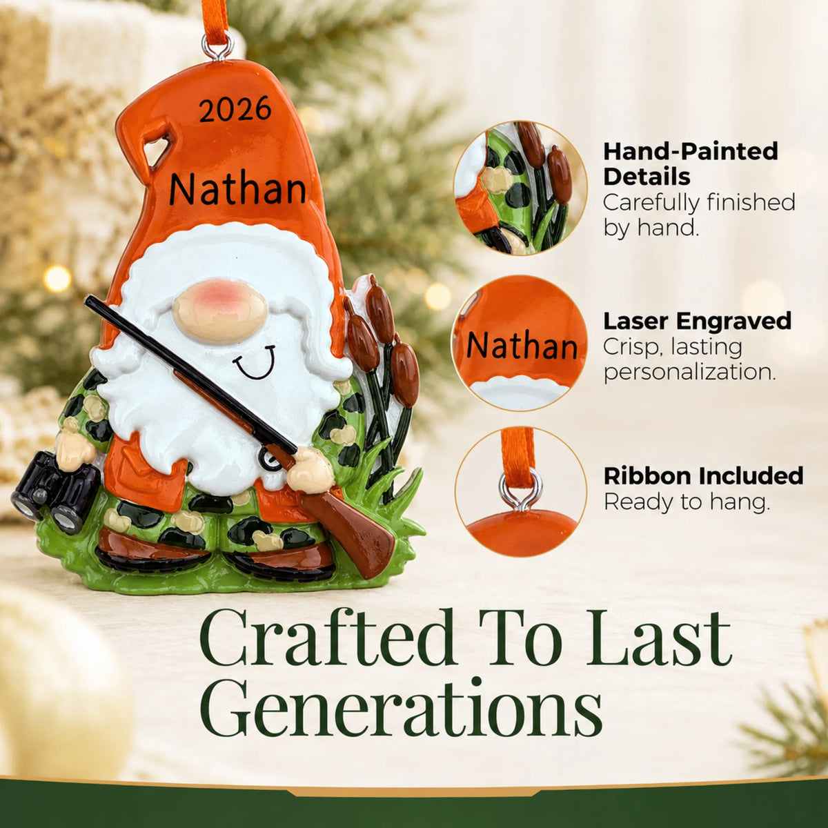 Hand-painted details and laser engraved personalization on the hunting gnome christmas ornament, ribbon included