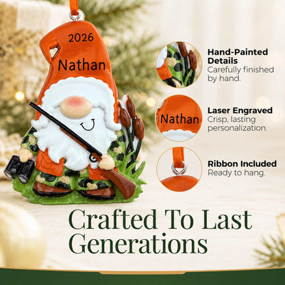Hand-painted details and laser engraved personalization on the hunting gnome christmas ornament, ribbon included