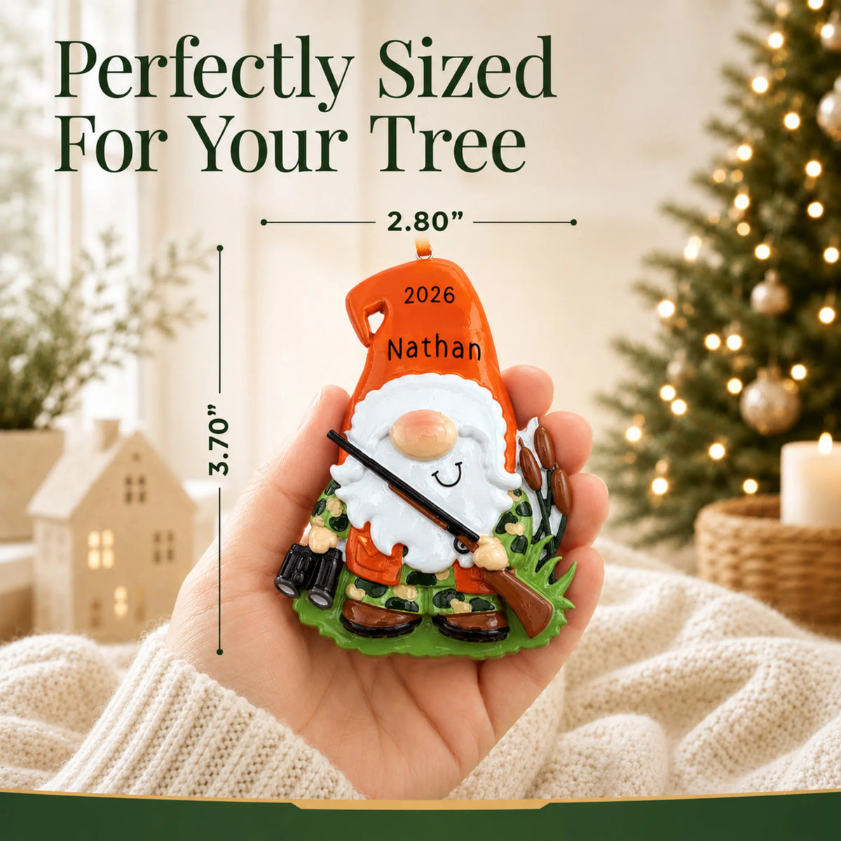 Size guide: the personalized hunting gnome christmas ornament is 2.80 in wide by 3.70 in tall, shown in hand