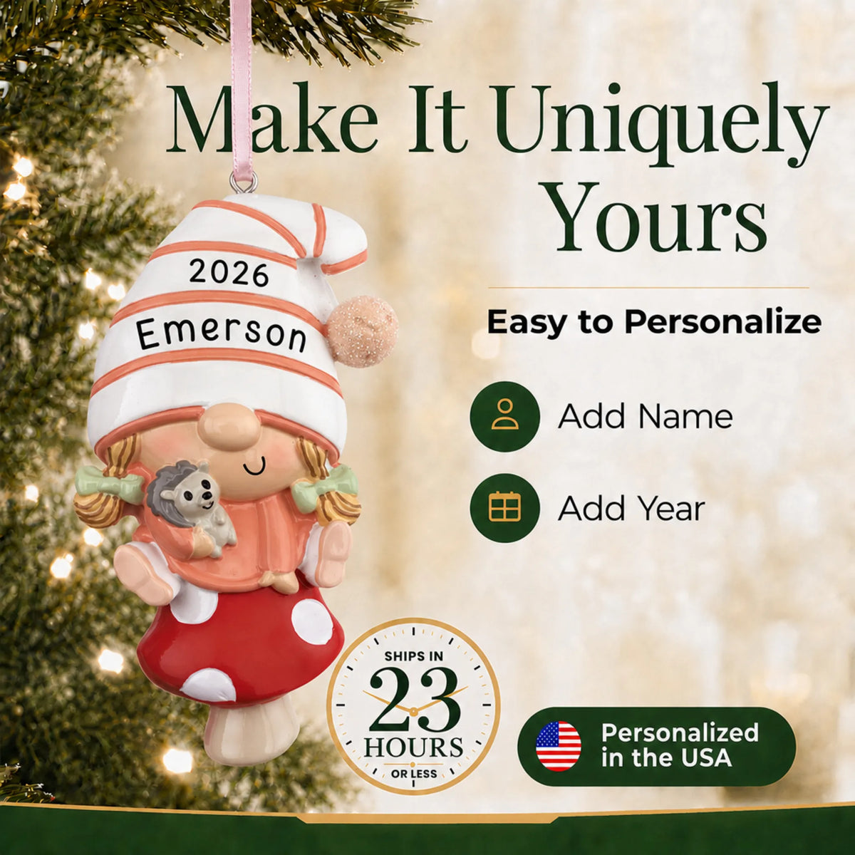 Make it yours: add name and year to the personalized baby girl gnome christmas ornament