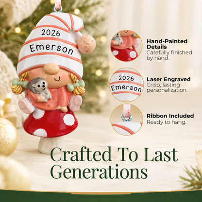 Hand-painted details and laser engraved personalization on the baby girl gnome christmas ornament, ribbon included