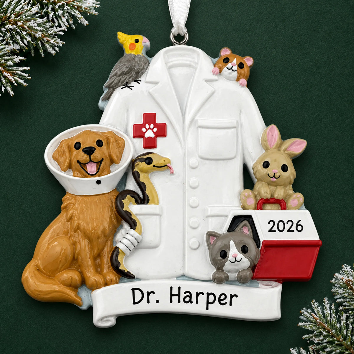 Personalized veterinarian with animals christmas ornament on a dark green pine background