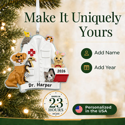 Make it yours: add name and year to the personalized veterinarian with animals christmas ornament