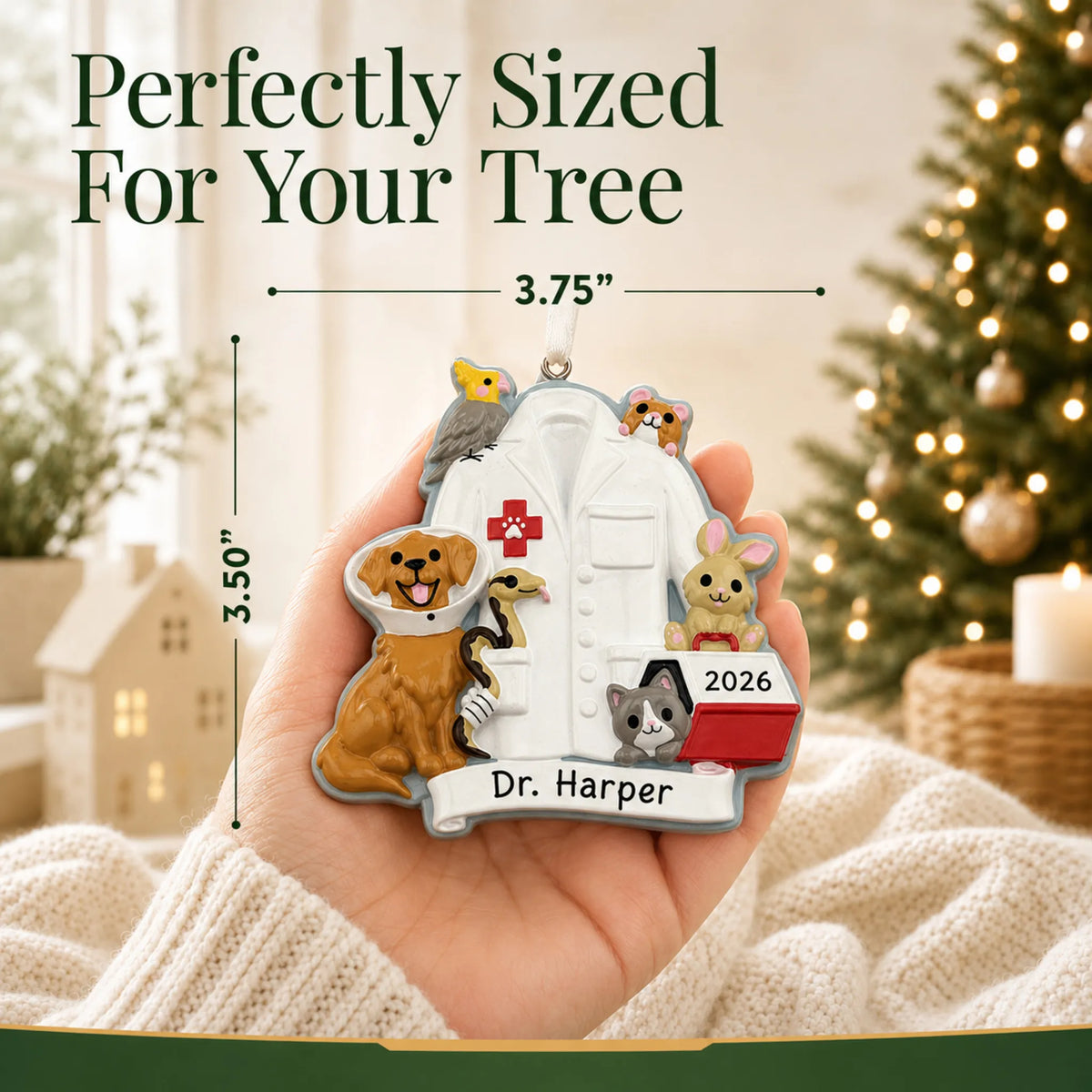 Size guide: the personalized veterinarian with animals christmas ornament is 3.75 in wide by 3.50 in tall, shown in hand
