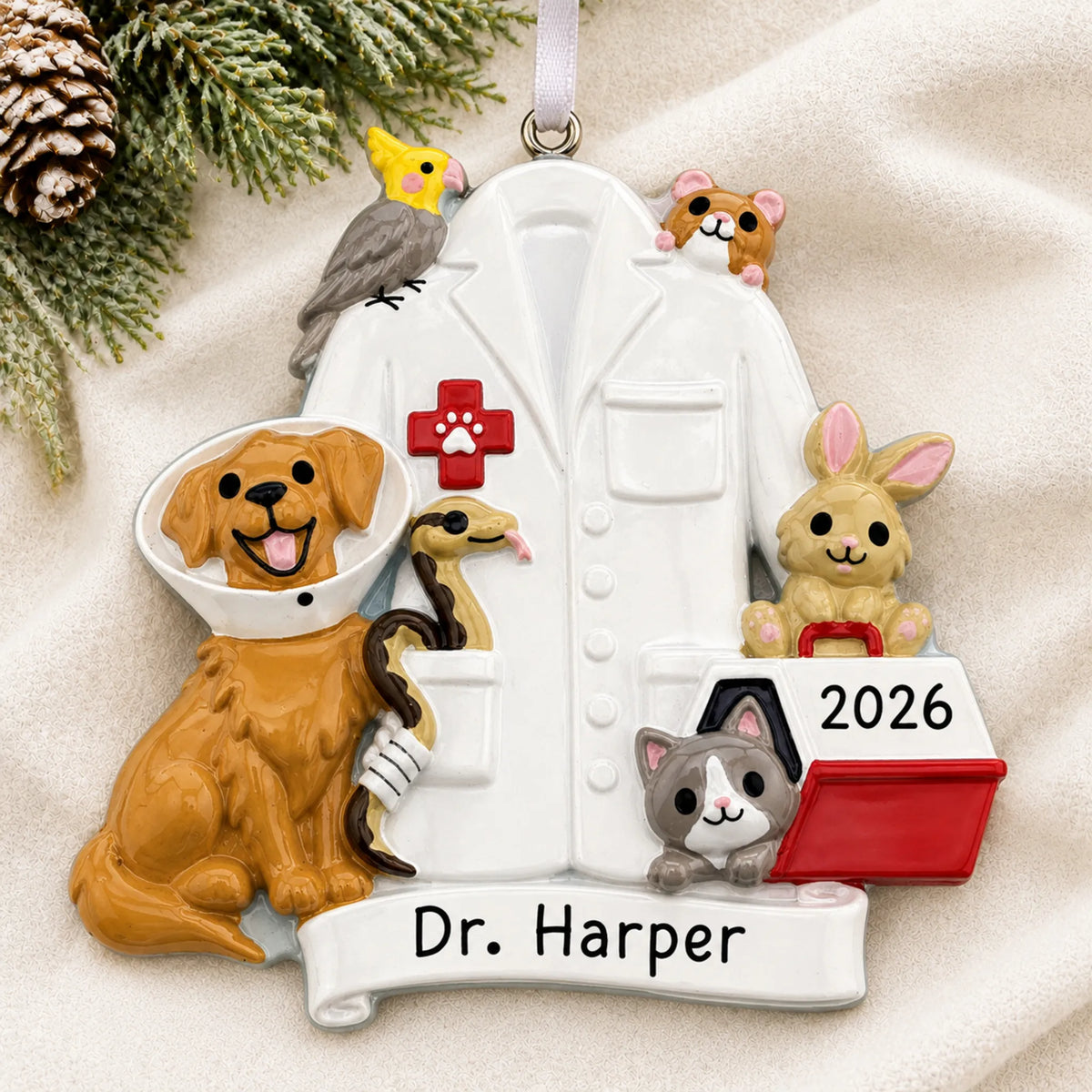 Personalized veterinarian with animals christmas ornament laid on a soft white knit blanket