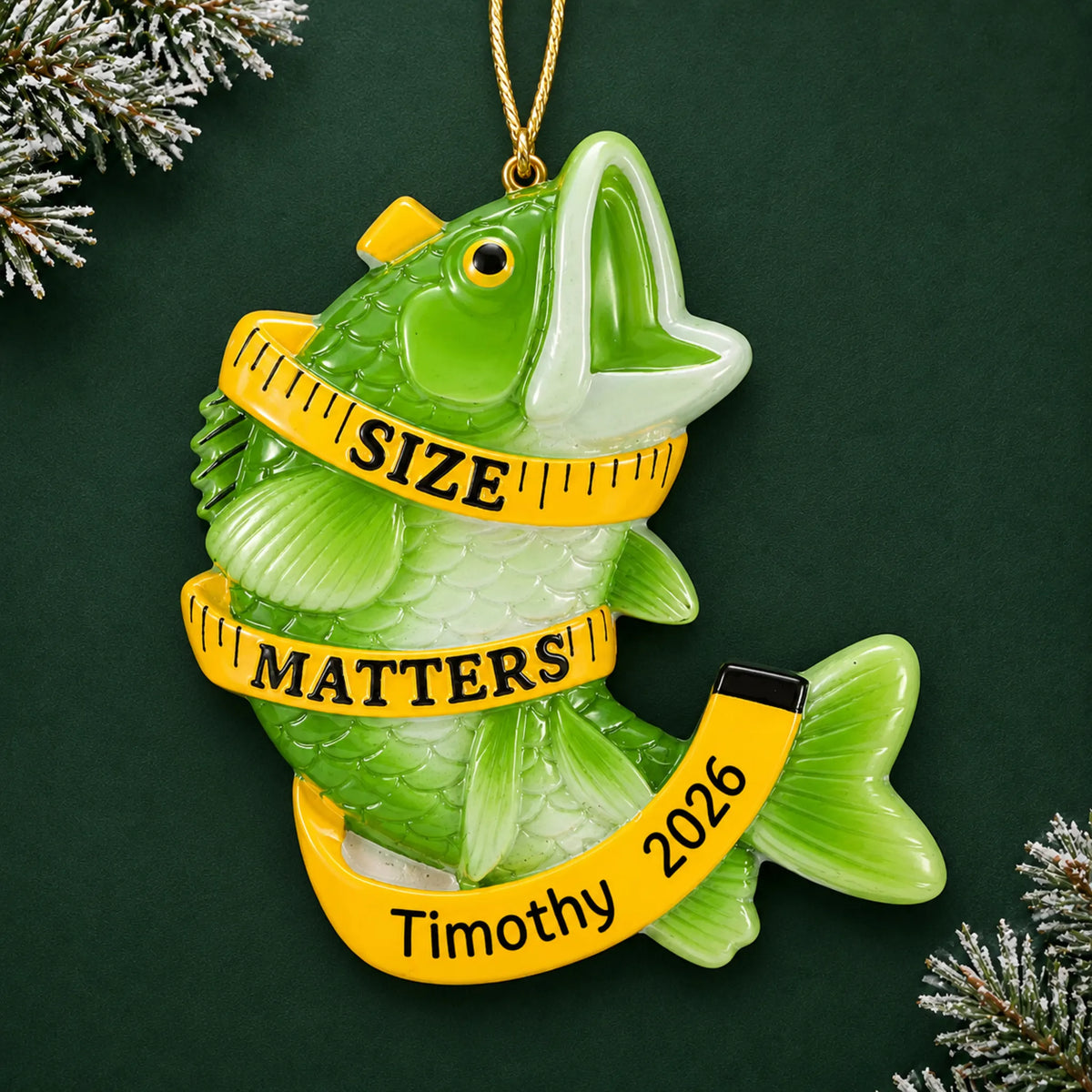 Personalized bass fishing size matters christmas ornament on a dark green pine background