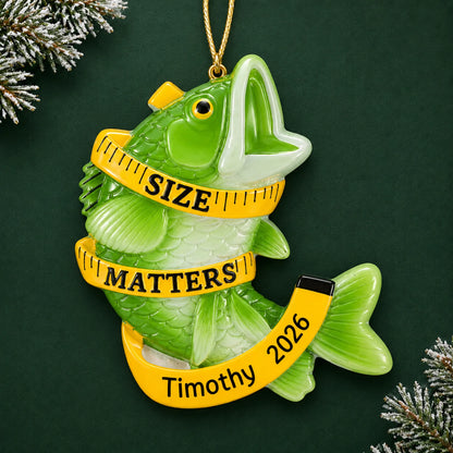 Personalized bass fishing size matters christmas ornament on a dark green pine background