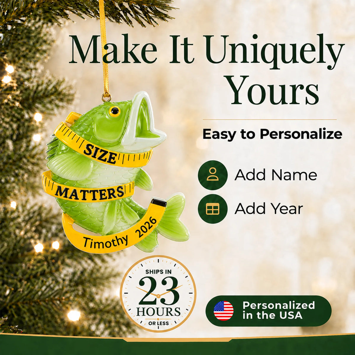 Make it yours: personalize the bass fishing size matters christmas ornament