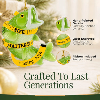 Hand-painted details and laser engraved personalization on the bass fishing size matters christmas ornament, ribbon included