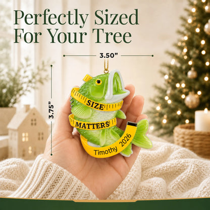 Size guide: the personalized bass fishing size matters christmas ornament is 3.50 in wide by 3.75 in tall, shown in hand