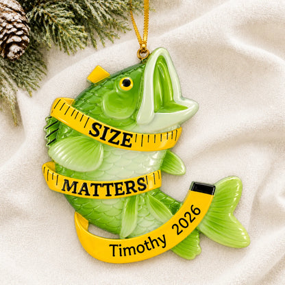 Personalized bass fishing size matters christmas ornament laid on a soft white knit blanket
