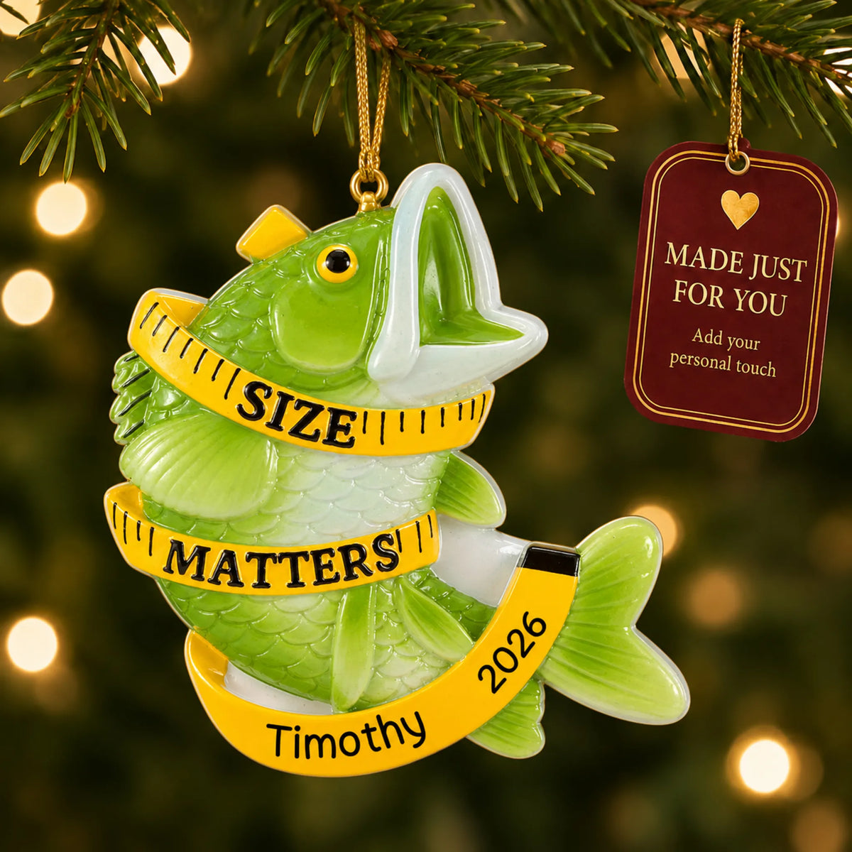 Bass fishing size matters christmas ornament hanging on a lit Christmas tree with a Made Just For You gift tag