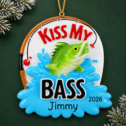 Personalized kiss my bass fishing christmas ornament on a dark green pine background