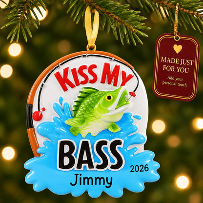 Kiss my bass fishing christmas ornament hanging on a lit Christmas tree with a Made Just For You gift tag