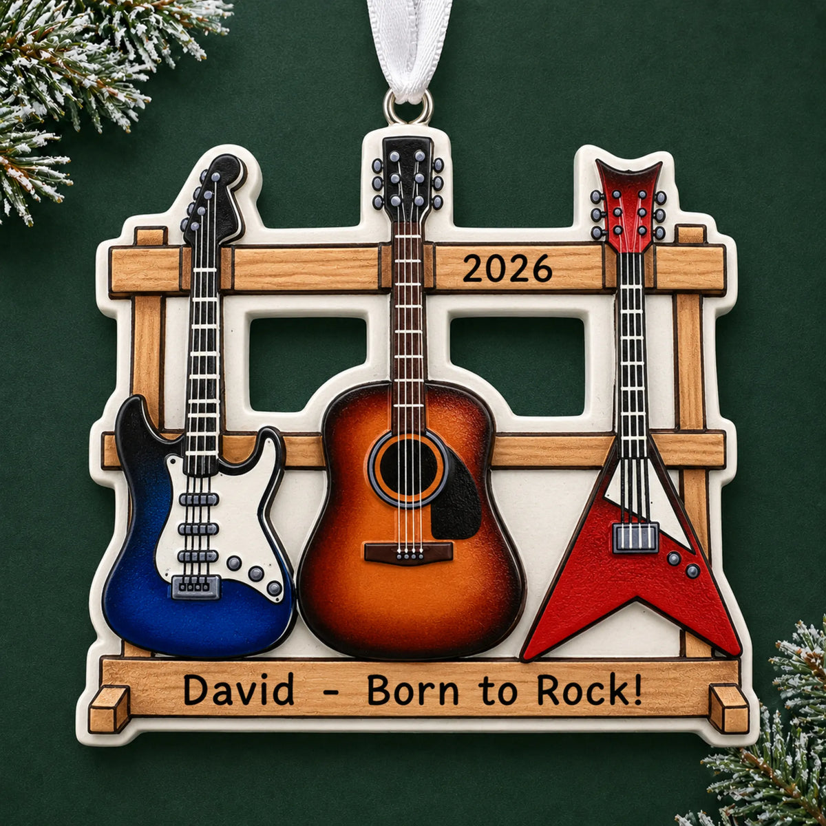 Personalized guitar trio christmas ornament on a dark green pine background