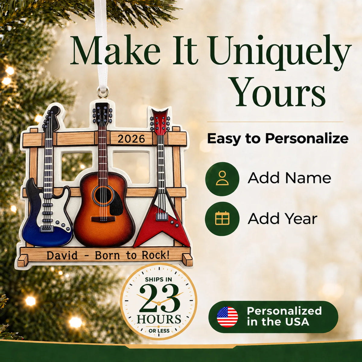 Make it yours: add name and year to the personalized guitar trio christmas ornament