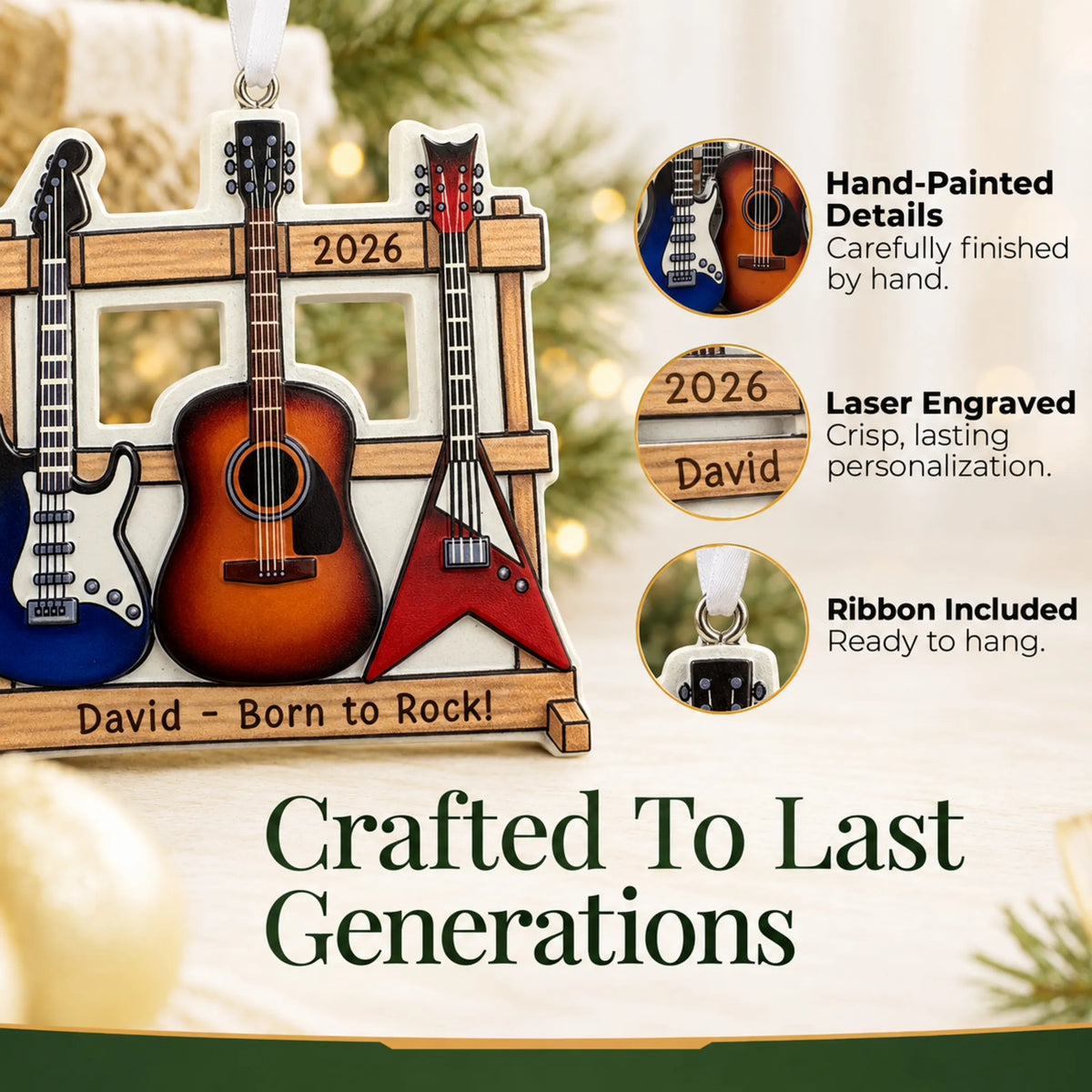 Hand-painted details and laser engraved personalization on the guitar trio christmas ornament, ribbon included