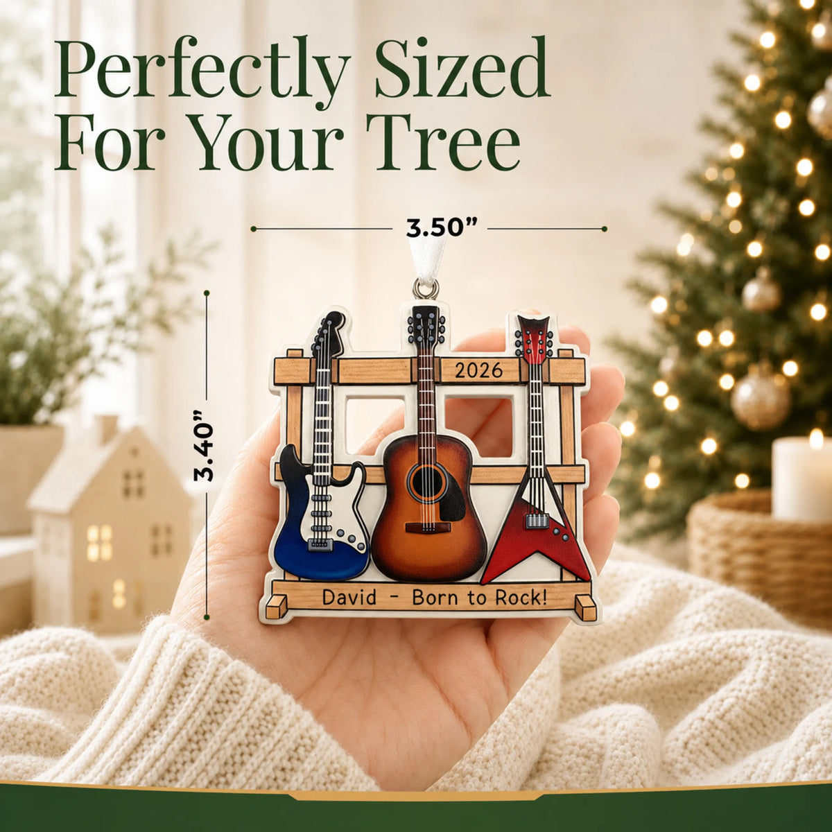 Size guide: the personalized guitar trio christmas ornament is 3.50 in wide by 3.40 in tall, shown in hand