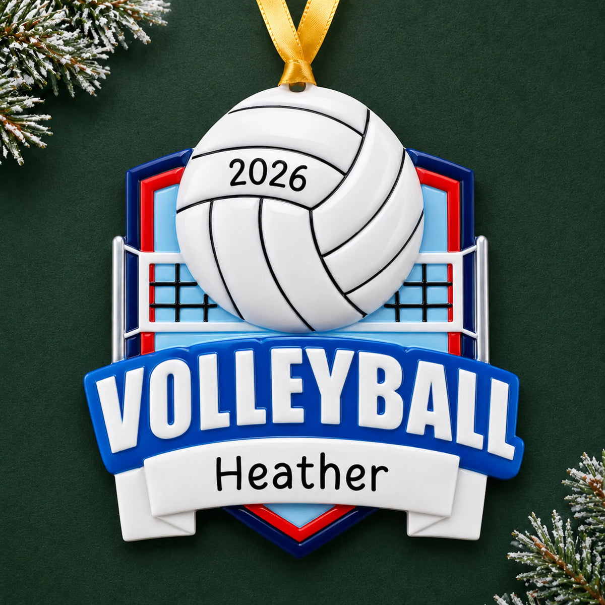 Personalized volleyball collage christmas ornament on a dark green pine background