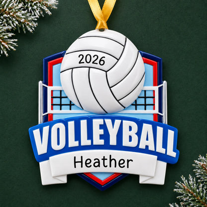 Personalized volleyball collage christmas ornament on a dark green pine background