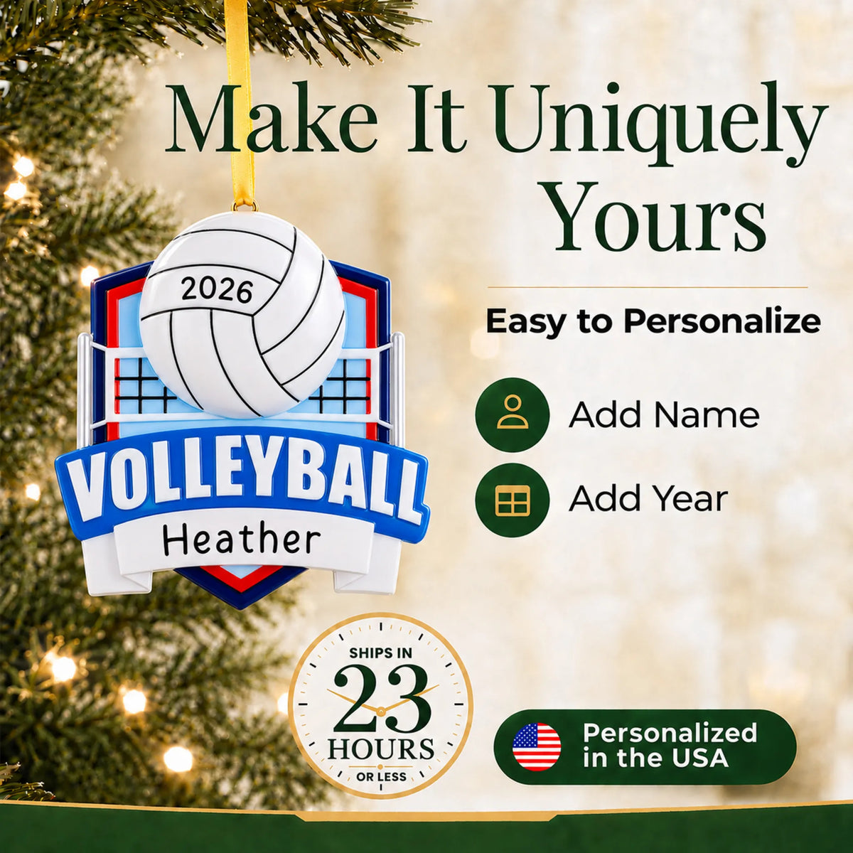 Make it yours: add name and year to the personalized volleyball collage christmas ornament