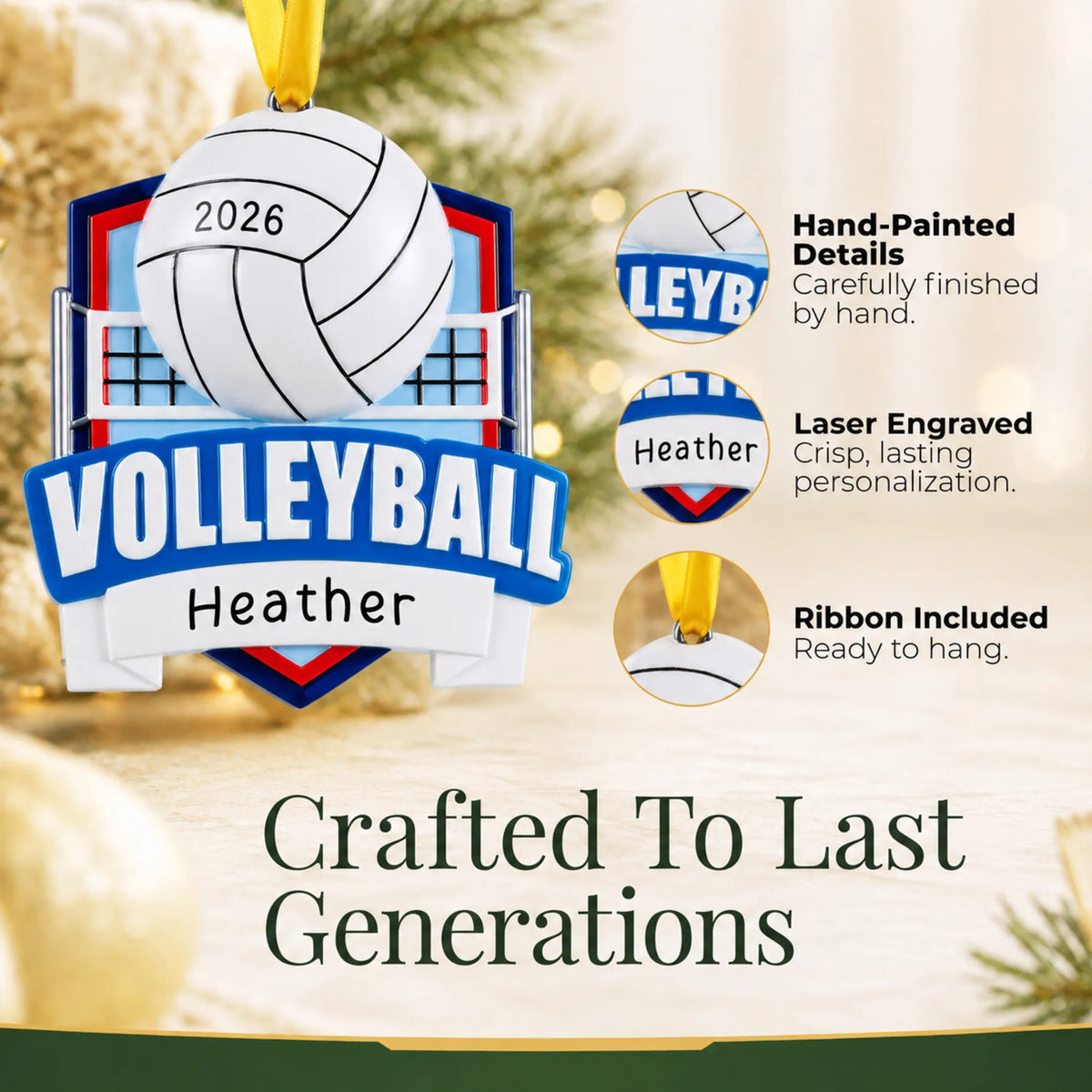 Hand-painted details and laser engraved personalization on the volleyball collage christmas ornament, ribbon included