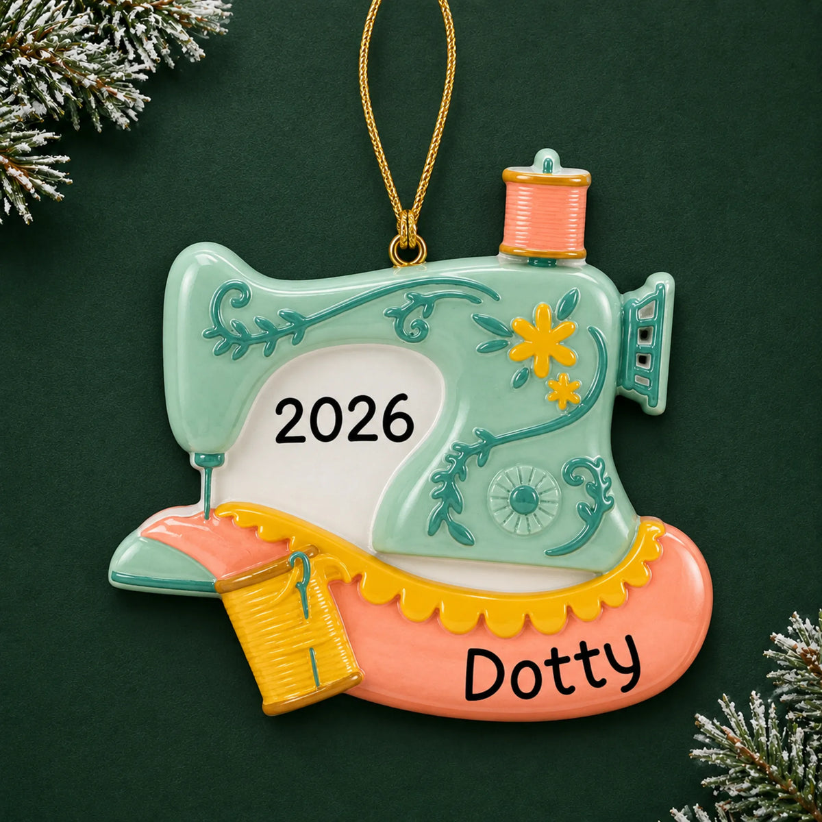 Personalized vintage sewing machine christmas ornament on a dark green pine background