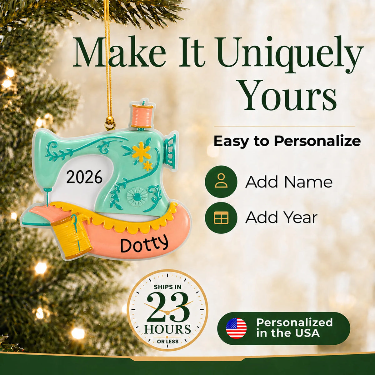 Make it yours: add name and year to the personalized vintage sewing machine christmas ornament