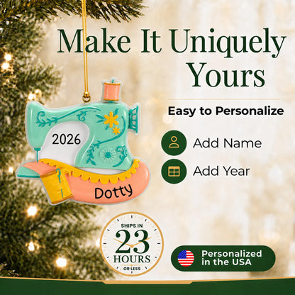 Make it yours: add name and year to the personalized vintage sewing machine christmas ornament