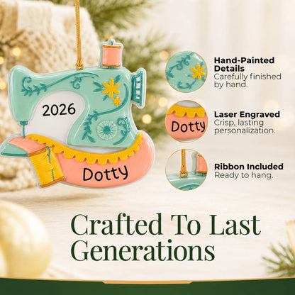 Hand-painted details and laser engraved personalization on the vintage sewing machine christmas ornament, ribbon included