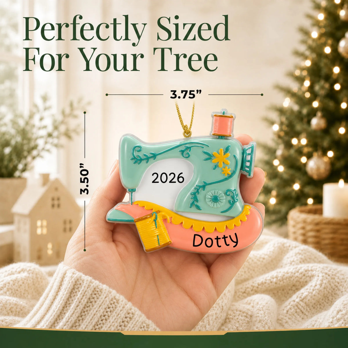 Size guide: the personalized vintage sewing machine christmas ornament is 3.75 in wide by 3.50 in tall, shown in hand