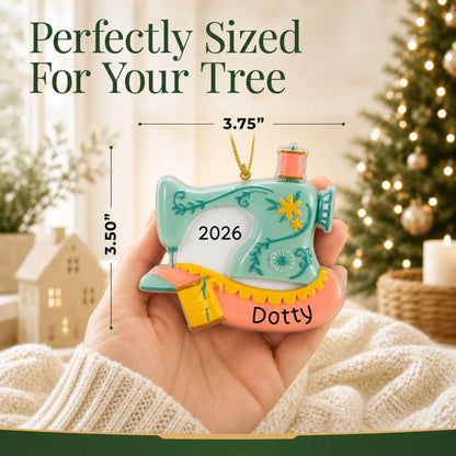 Size guide: the personalized vintage sewing machine christmas ornament is 3.75 in wide by 3.50 in tall, shown in hand