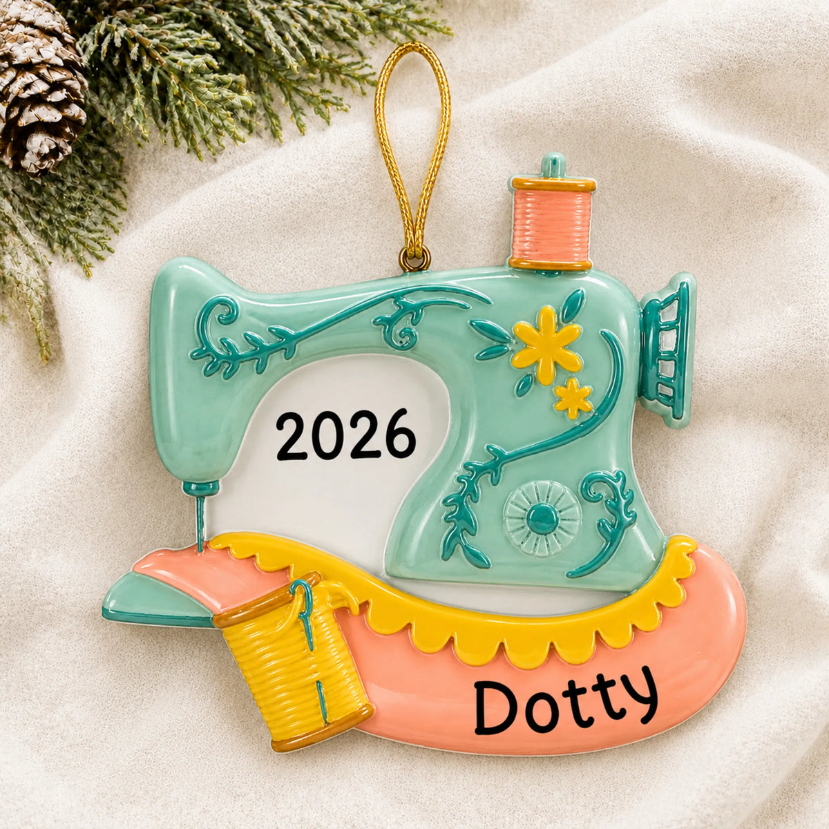 Personalized vintage sewing machine christmas ornament laid on a soft white knit blanket
