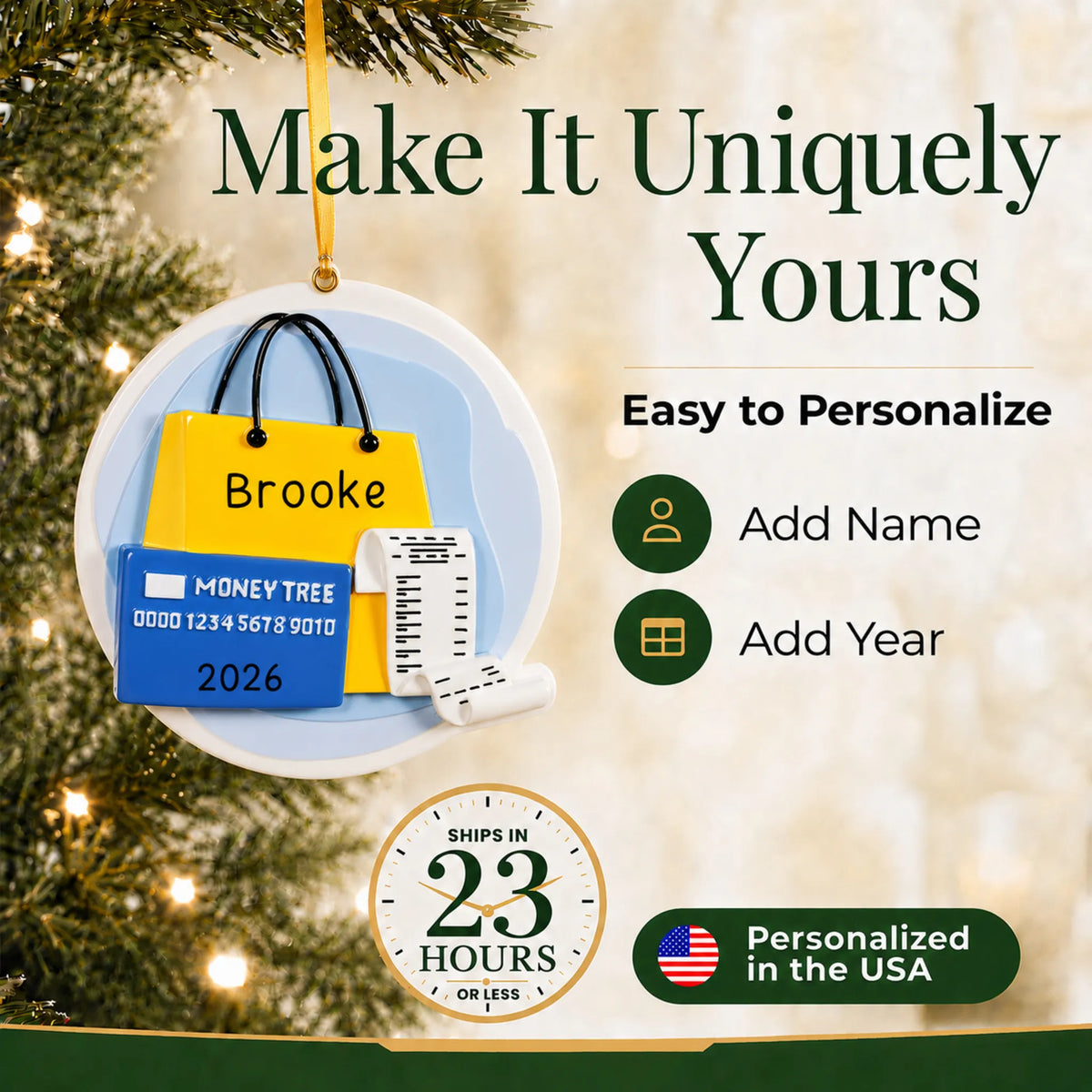 Make it yours: add name and year to the personalized shopaholic christmas ornament