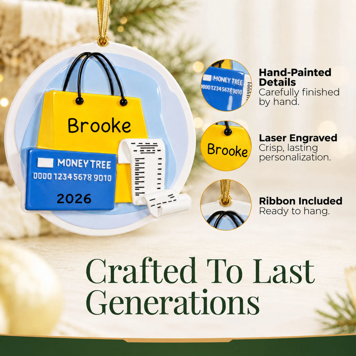 Hand-painted details and laser engraved personalization on the shopaholic christmas ornament, ribbon included