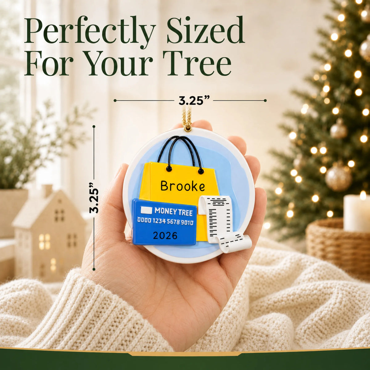 Size guide: the personalized shopaholic christmas ornament is 3.25 in wide by 3.25 in tall, shown in hand