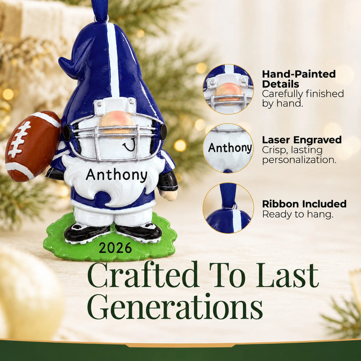 Hand-painted details and laser engraved personalization on the gnome football player christmas ornament, ribbon included