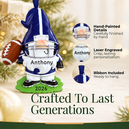 Hand-painted details and laser engraved personalization on the gnome football player christmas ornament, ribbon included